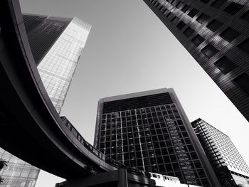 Low angle view of monorail on bridge with modern office buildings against sky at shiodome