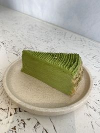 High angle view of green leaf on table