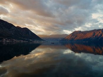 Scenic view of lake against cloudy sky