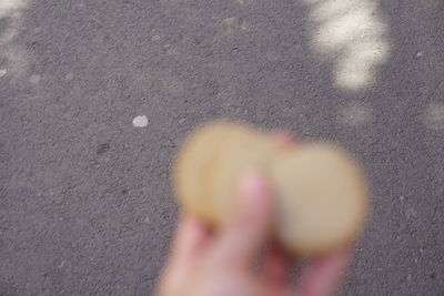 Close-up of hand holding umbrella on road