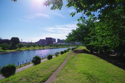 Park by river in city against sky