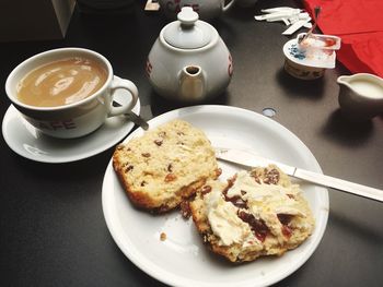 High angle view of breakfast on table