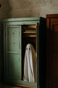Little ghost standing in the closet. autumn halloween