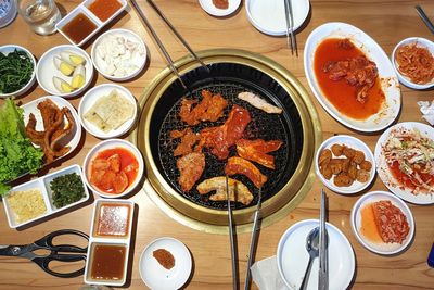 High angle view of meal served on table