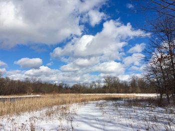 Scenic view of snow covered field against sky