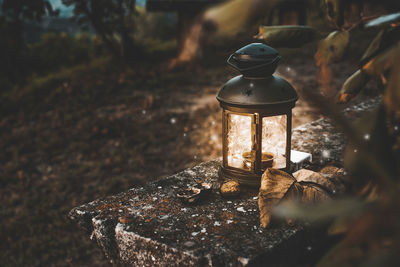 Close-up of lantern on rock