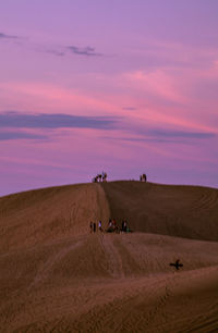 View of people riding horse on desert