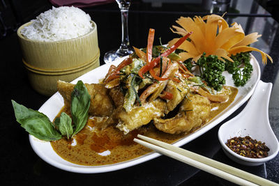 Close-up of meal served on table