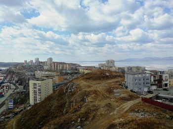 High angle view of buildings against sky