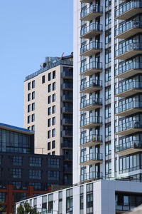 Low angle view of building against clear blue sky