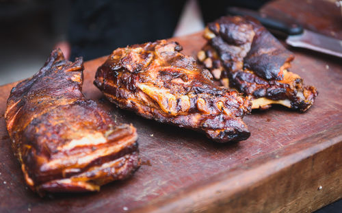 Close-up of meat on cutting board