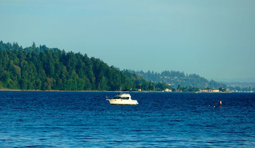 Boat moored on sea against clear sky