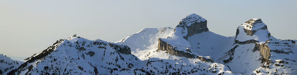 Panoramic view of snow covered mountain against sky