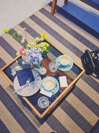 High angle view of breakfast on table