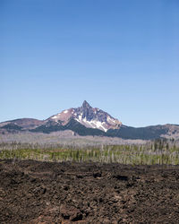 Scenic view of snowcapped mountains against clear blue sky