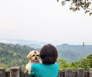 Rear view of dog looking at mountains against clear sky