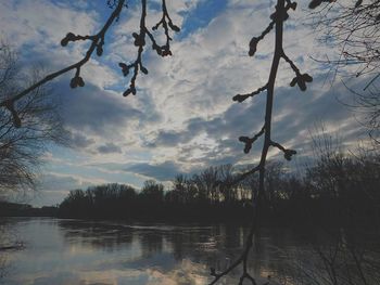 Scenic view of lake against cloudy sky