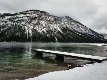 Scenic view of lake by snowcapped mountains against sky