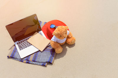 High angle view of stuffed toy on table