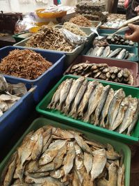 High angle view of fish for sale at market stall