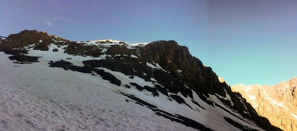 Scenic view of snow covered mountains against clear sky