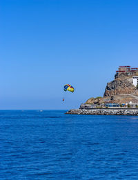 Scenic view of sea against clear blue sky