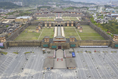 High angle view of buildings in city