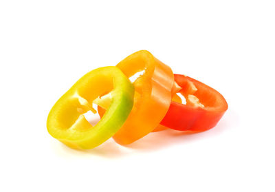 Close-up of chopped tomatoes against white background