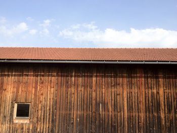 Low angle view of building roof against sky