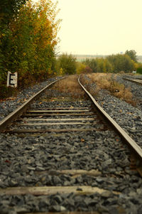 Railroad track amidst trees against clear sky