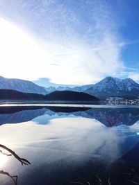 Scenic view of lake and mountains against sky