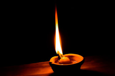 Close-up of lit candle against black background