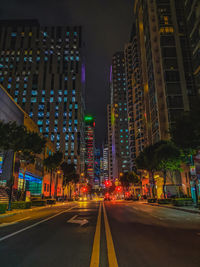 Illuminated city street by buildings against sky at night