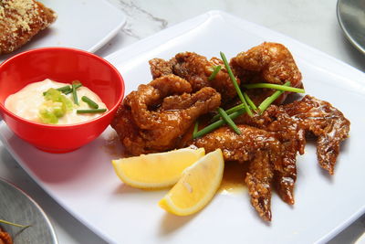 High angle view of food in plate