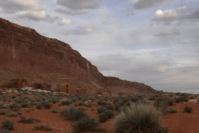 Twilight light and red desert soil near halls divide in capitol reef.