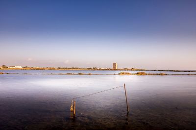 Scenic view of lake against clear sky during sunset