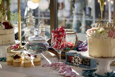 Ice cream in glass on table at market stall