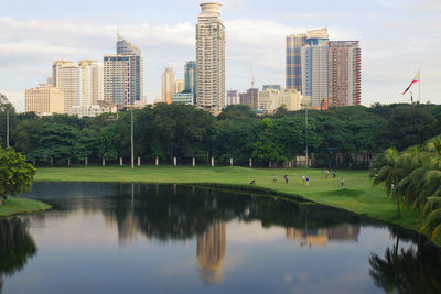 Reflection of trees in city