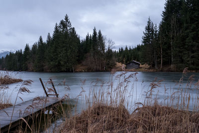 Scenic view of lake against sky during winter