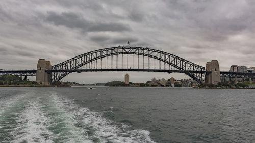 View of suspension bridge against cloudy sky