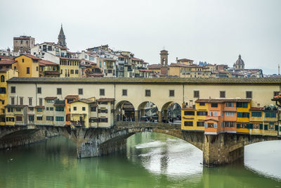 Bridge over river by buildings in town against sky