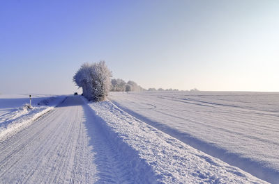 View of a snow-covered country road in winter with sunshine and blue sky