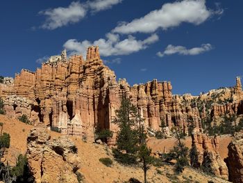 Low angle view of rock formations against sky