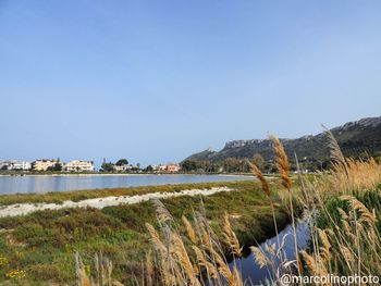 Scenic view of lake against clear sky