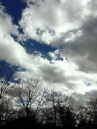 Low angle view of bare trees against cloudy sky