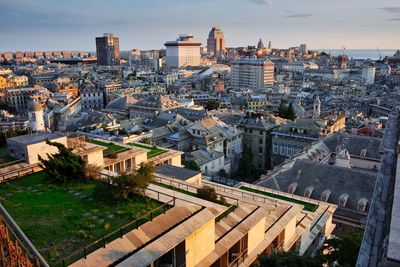 High angle view of buildings in city