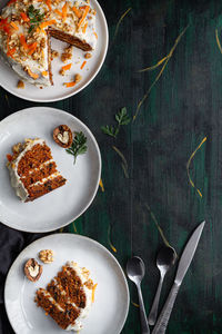 High angle view of breakfast served on table