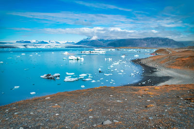 Scenic view of sea against blue sky