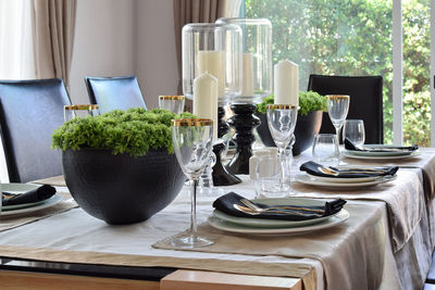 View of wine glasses on table