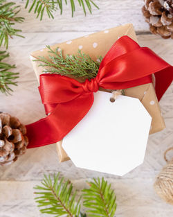 High angle view of christmas decorations on table